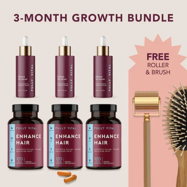 3 months of hair <p class="story-summary">FullyVital Enhance Hair Growth System is a program that combines the Gold & Grows Roller, a thickening hairbrush, a dietary supplement, and a serum regimen. The combination of vitamins, serum, and roller helps stimulate hair growth and combat hormonal imbalance that leads to hair loss.</p>