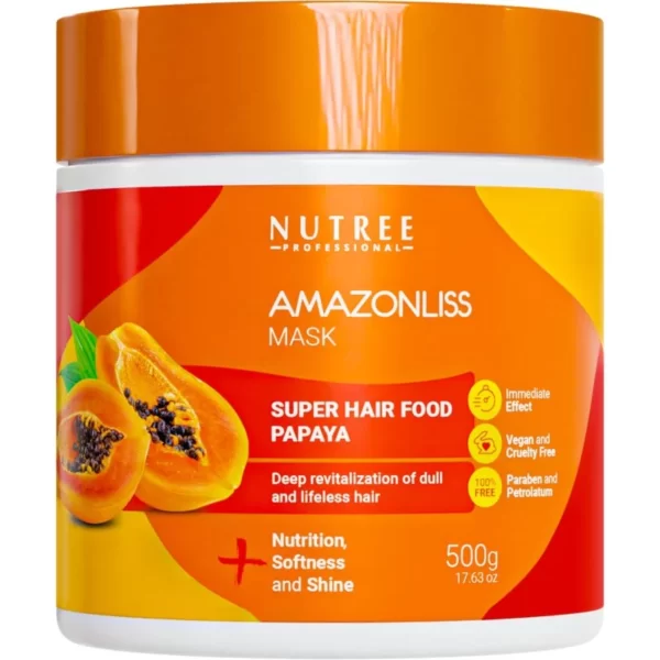 amazonliss hair mask for dry damaged hair papaya super food repair deep revitalization of dull and lifeless hair COLLAGEN IS A PROTEIN RESPONSIBLE FOR SILKY AND THICK HAIR. Papaya is most effective on dry, brittle, and tangled hair. The plant extract fully saturates and moisturizes the follicles, restores the structure, and acts as a natural conditioner.